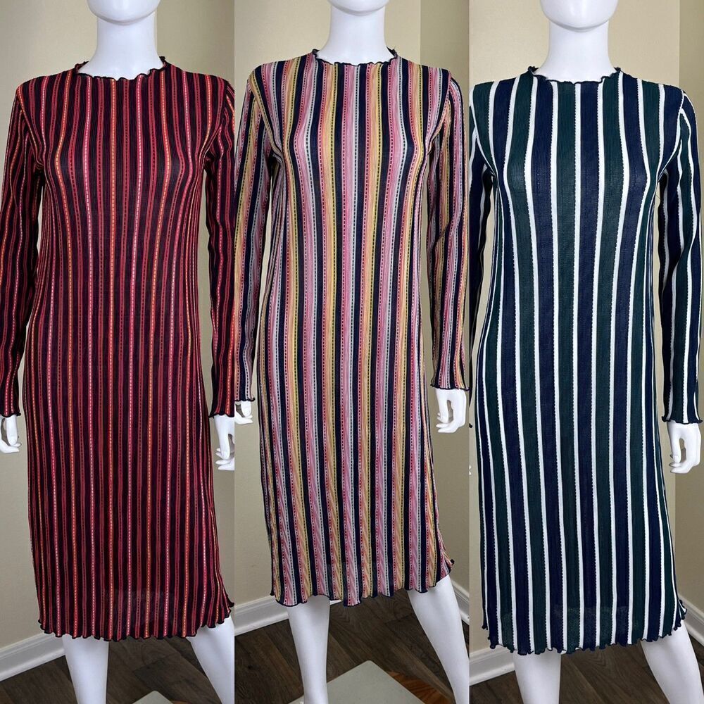 Zara Women's Size S Colorful Striped Stretch Knit Scalloped Midi Dress Pullover